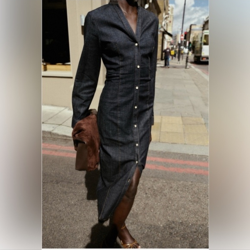 Zara Elegant Denim Button-Down Dress Sz XS - Picture 2 of 12